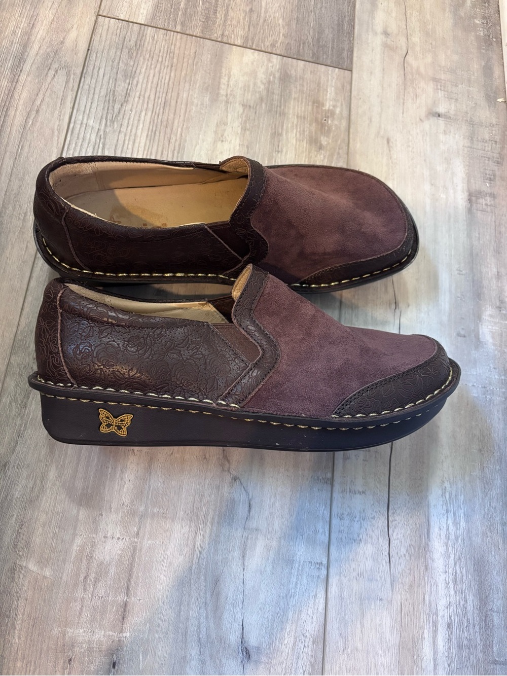 Alegria Women's Brown Suede & Embossed Leather Slip-On Loafers